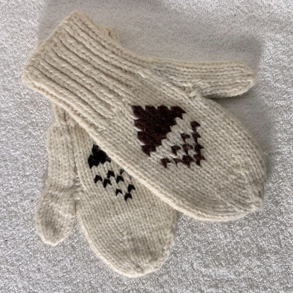 Vintage Hand Knit Cream Brown Mittens - Picture 1 of 4